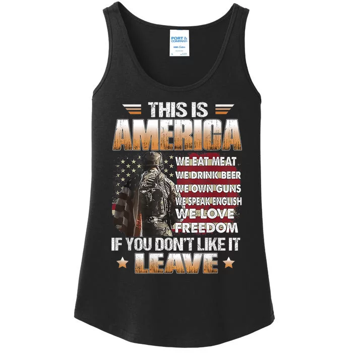 This Is America We Eat Meat We Drink Beer Ladies Essential Tank