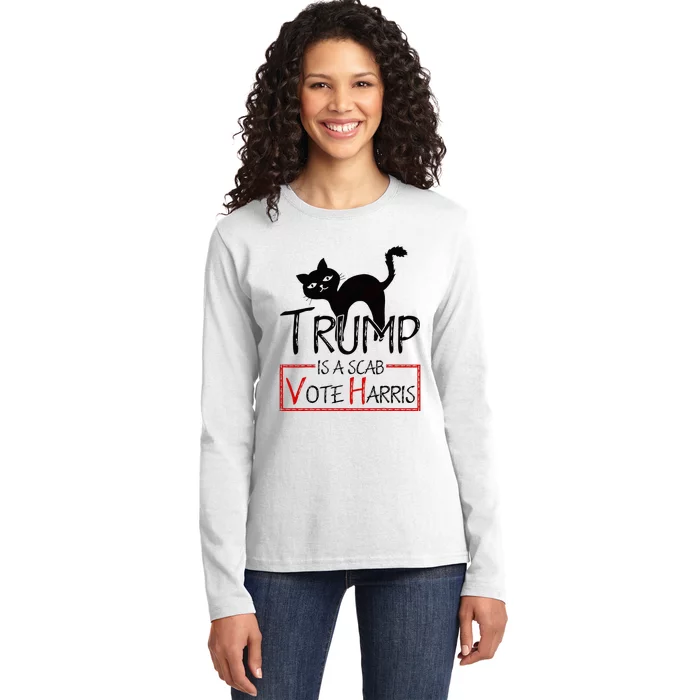 Trump Is A Scab Vote Harris 2024 Kamala Harris Cat Funny Ladies Long Sleeve Shirt