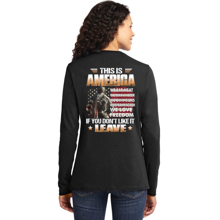 This Is America We Eat Meat We Drink Beer (On Back) Back Print Ladies Long Sleeve Shirt