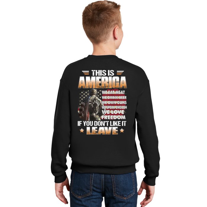 This Is America We Eat Meat We Drink Beer (On Back) Front & Back Kids Sweatshirt