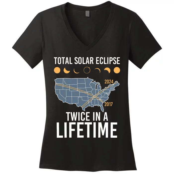 Twice In A Lifetime Solar Eclipse 2024 Total Eclipse Women's V-Neck T-Shirt