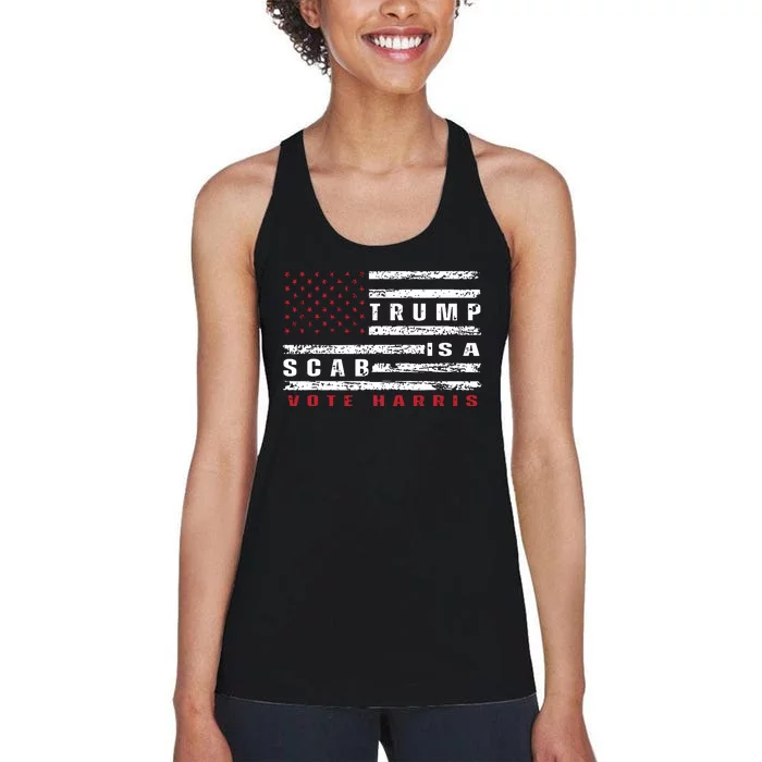 Trump Is A Scab Vote Harris Walz 2024 Kamala American Flag Women's Racerback Tank