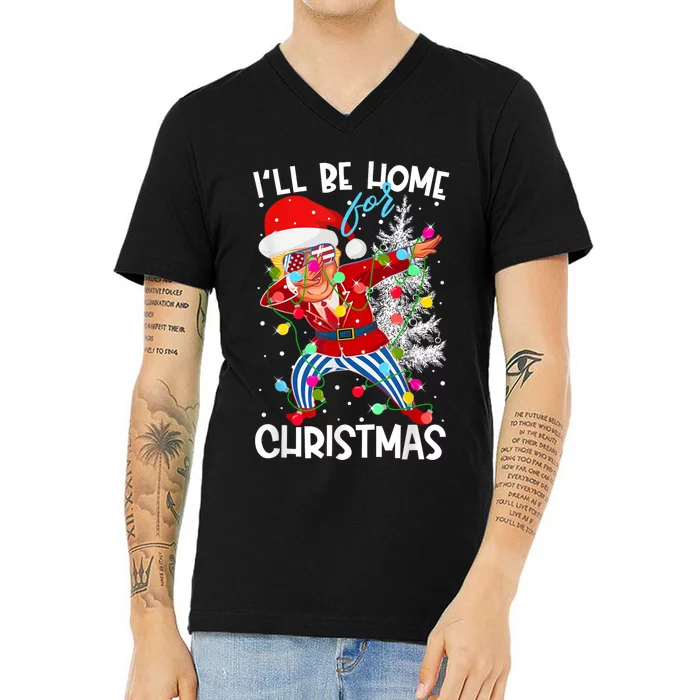 Trump ILl Be Home For Christmas Funny Trump Christmas Santa Hat V-Neck T-Shirt