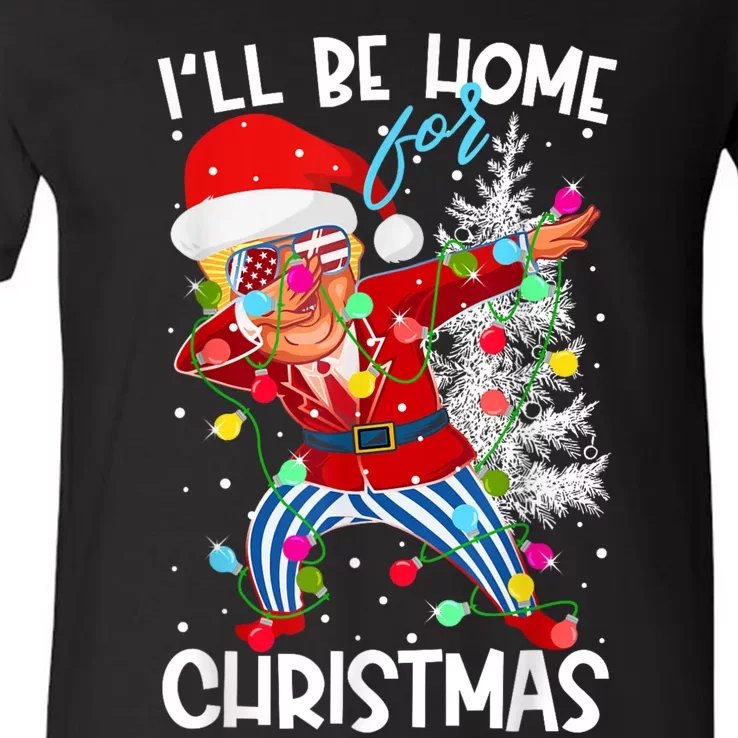 Trump ILl Be Home For Christmas Funny Trump Christmas Santa Hat V-Neck T-Shirt