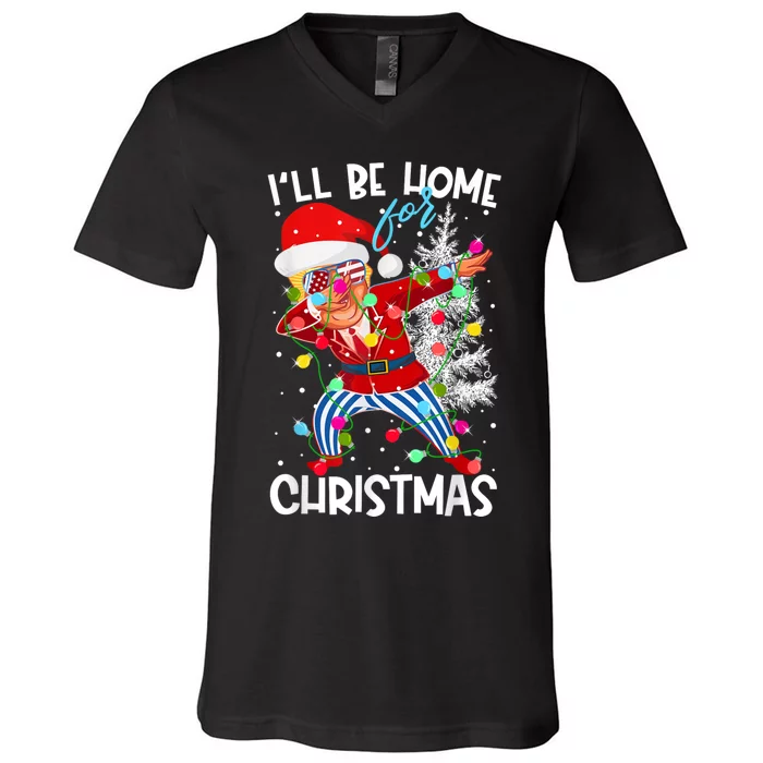 Trump ILl Be Home For Christmas Funny Trump Christmas Santa Hat V-Neck T-Shirt