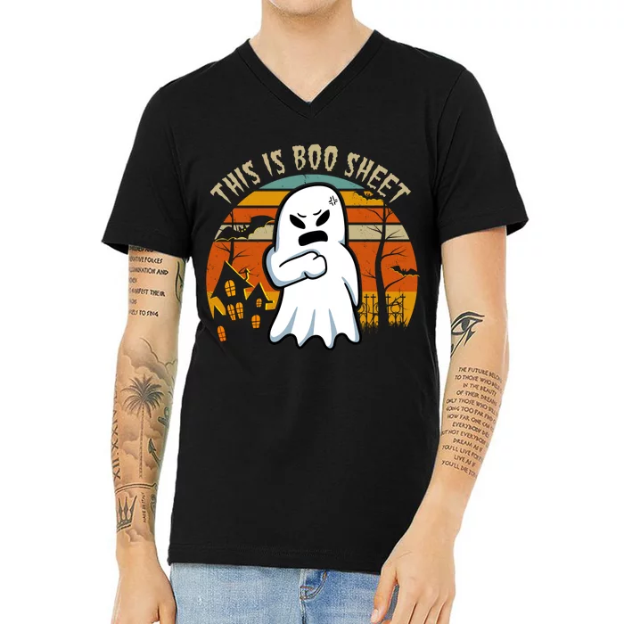 This Is Boo Sheet Ghost Spooky Sunset Funny V-Neck T-Shirt