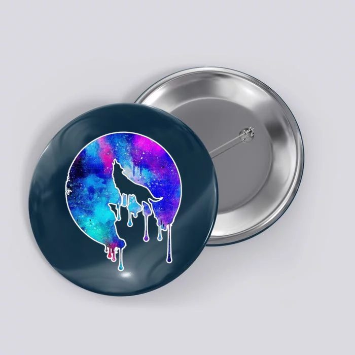 Tie Die Colorful Wolf Howling Dripping Moon Button