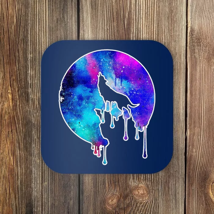 Tie Die Colorful Wolf Howling Dripping Moon Coaster