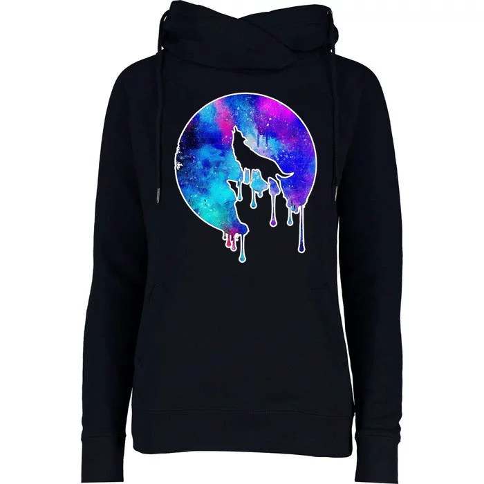 Tie Die Colorful Wolf Howling Dripping Moon Womens Funnel Neck Pullover Hood