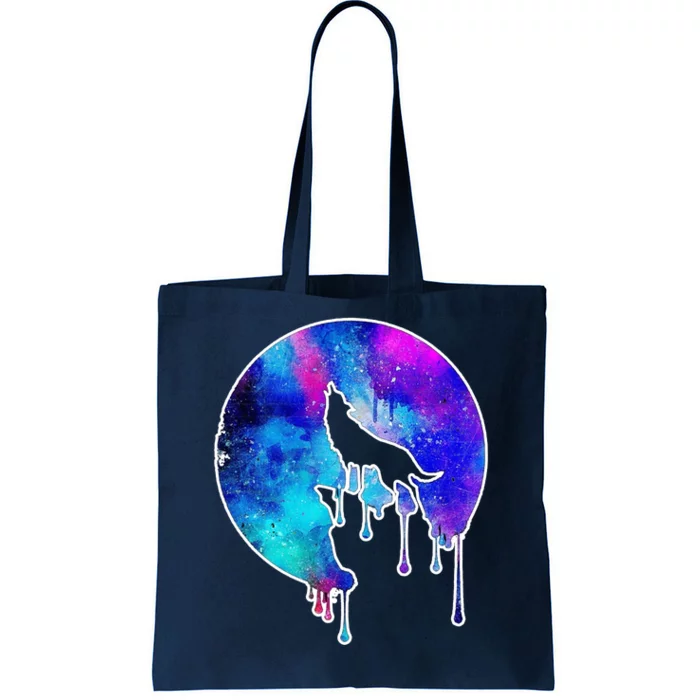 Tie Die Colorful Wolf Howling Dripping Moon Tote Bag