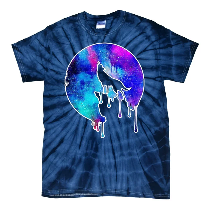 Tie Die Colorful Wolf Howling Dripping Moon Tie-Dye T-Shirt