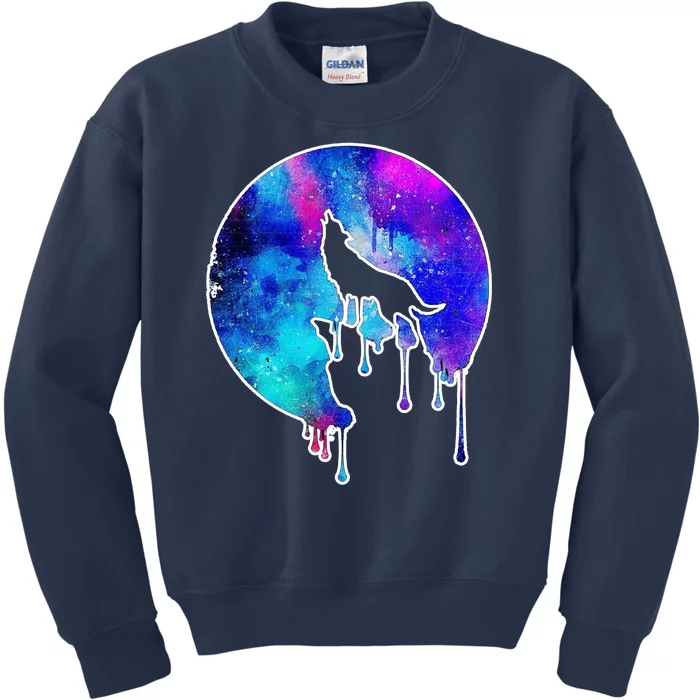 Tie Die Colorful Wolf Howling Dripping Moon Kids Sweatshirt