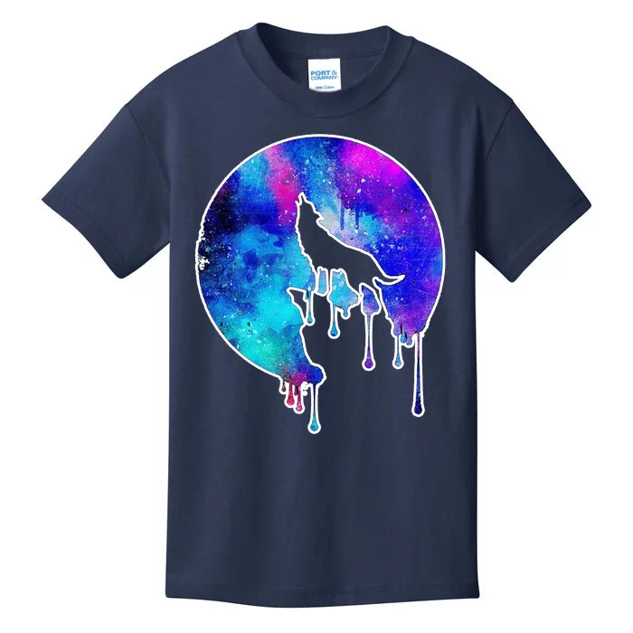 Tie Die Colorful Wolf Howling Dripping Moon Kids T-Shirt