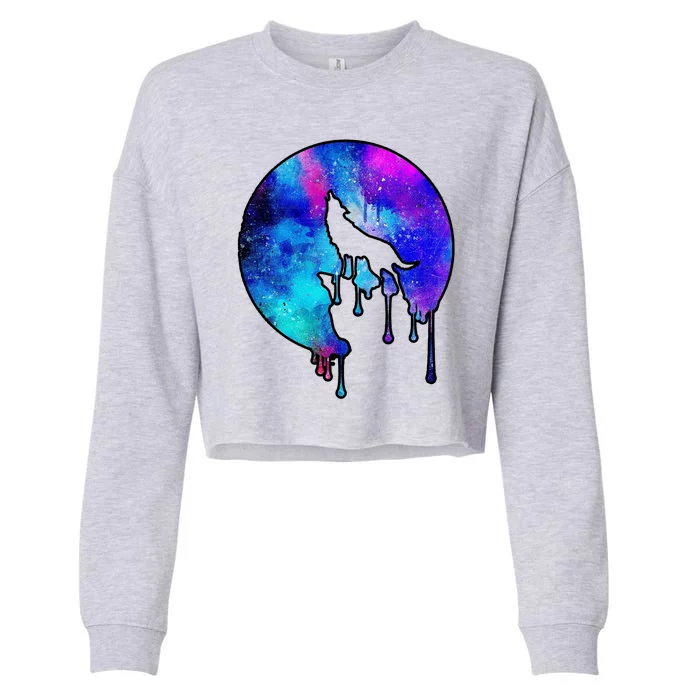 Tie Die Colorful Wolf Howling Dripping Moon Cropped Pullover Crew