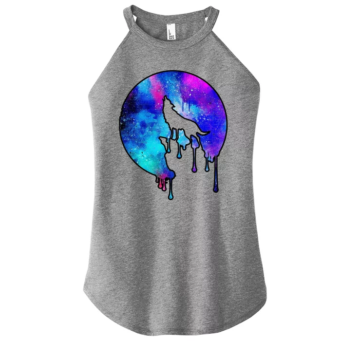 Tie Die Colorful Wolf Howling Dripping Moon Women’s Perfect Tri Rocker Tank