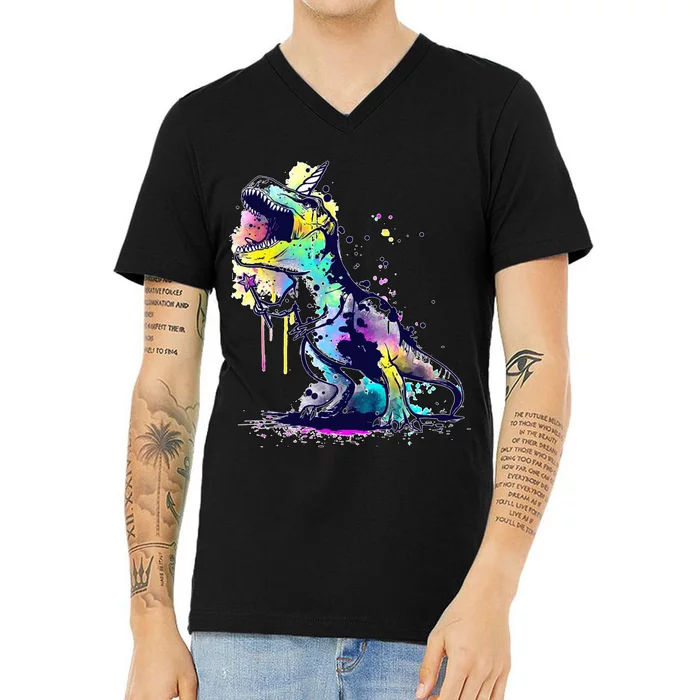 Tie Dye Colorful Trex Dinosaur V-Neck T-Shirt