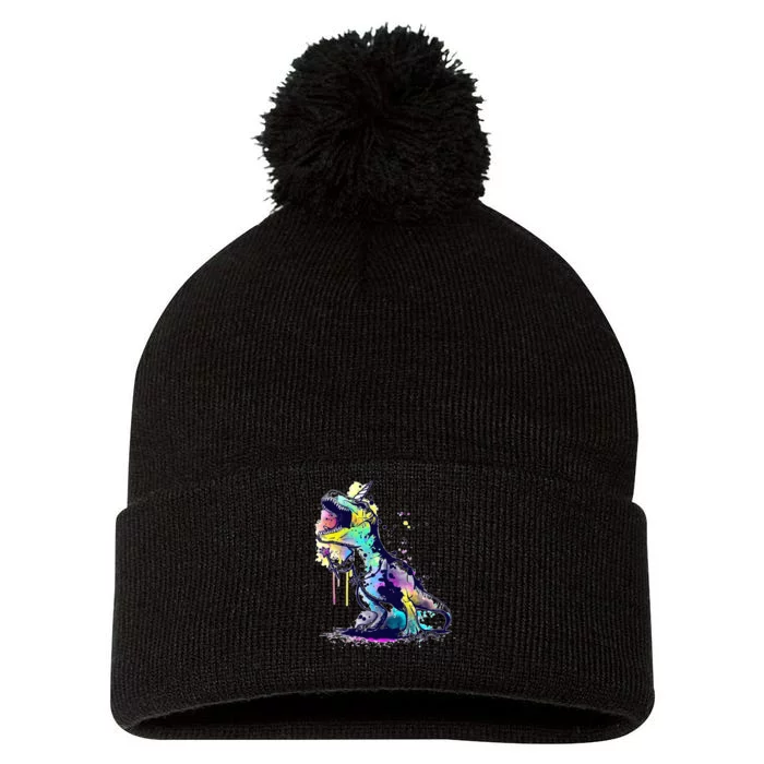 Tie Dye Colorful Trex Dinosaur Pom Pom 12in Knit Beanie