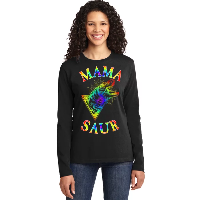 Tie Dye Mama Saur Mamasaurus T-Rex Dinosaur Ladies Long Sleeve Shirt