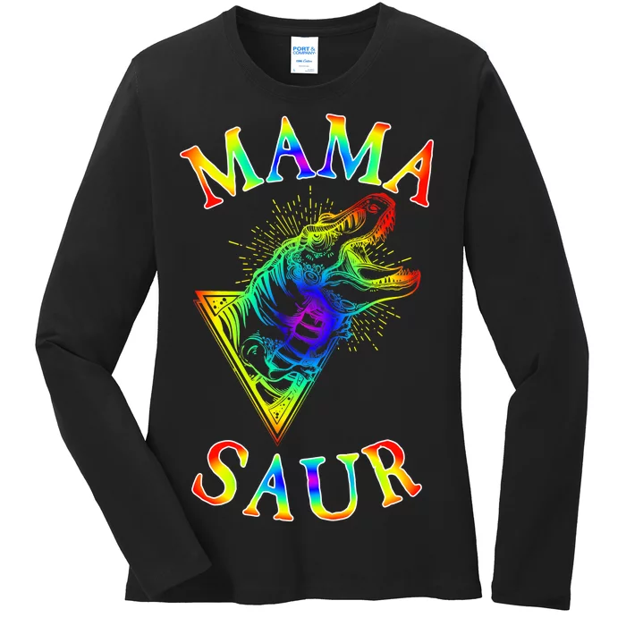 Tie Dye Mama Saur Mamasaurus T-Rex Dinosaur Ladies Long Sleeve Shirt