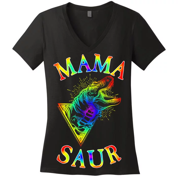 Tie Dye Mama Saur Mamasaurus T-Rex Dinosaur Women's V-Neck T-Shirt