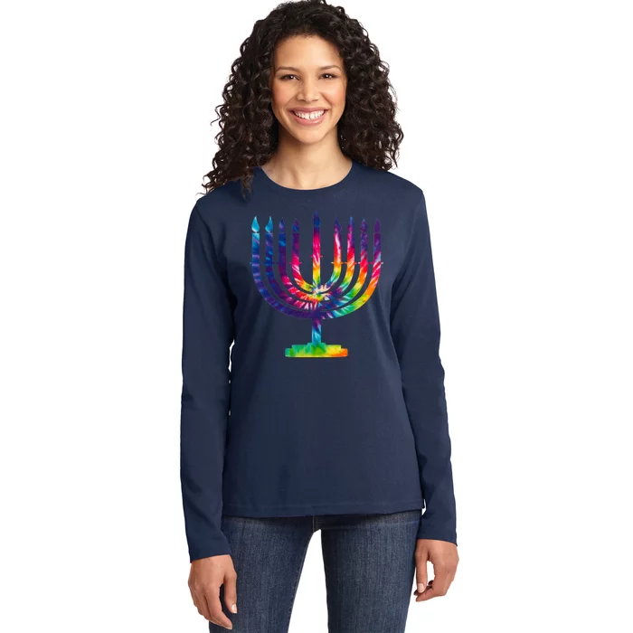 Tie Dye Menorah Hanukkah Chanukah Ladies Long Sleeve Shirt