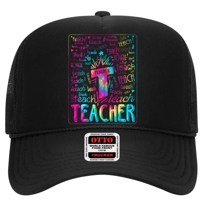 Tie Dye Teacher Typography Word Art High Crown Mesh Trucker Hat