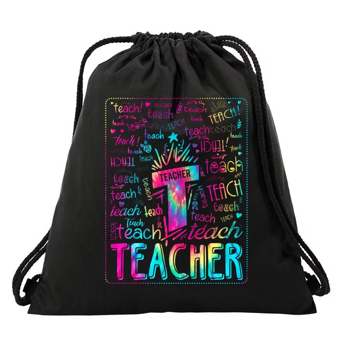 Tie Dye Teacher Typography Word Art Drawstring Bag