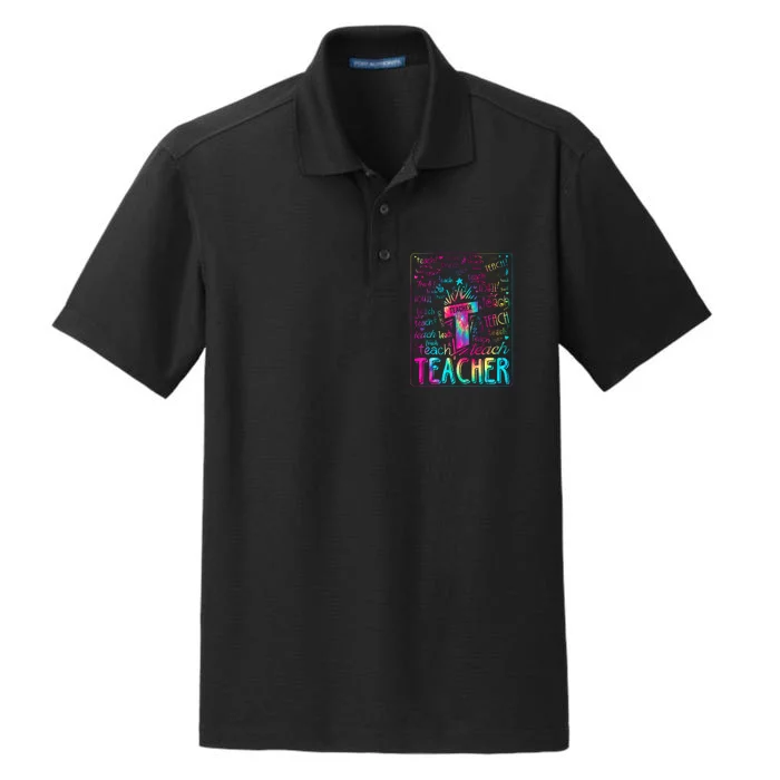 Tie Dye Teacher Typography Word Art Dry Zone Grid Performance Polo