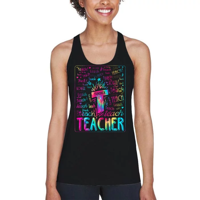 Tie Dye Teacher Typography Word Art Women's Racerback Tank