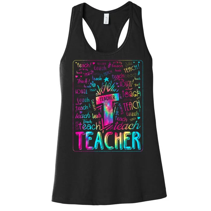 Tie Dye Teacher Typography Word Art Women's Racerback Tank