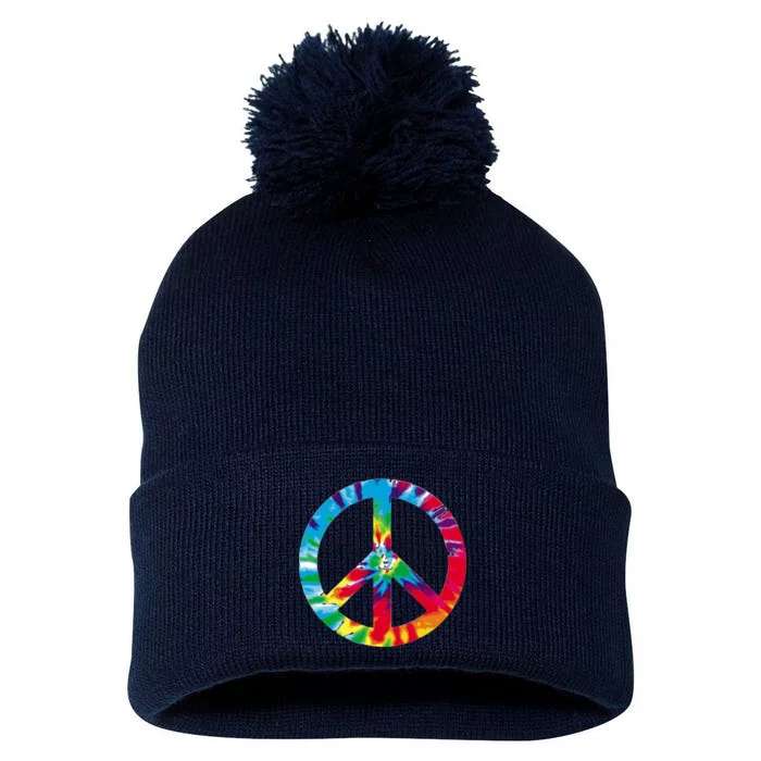 Tie Dye World Peace Sign Pom Pom 12in Knit Beanie