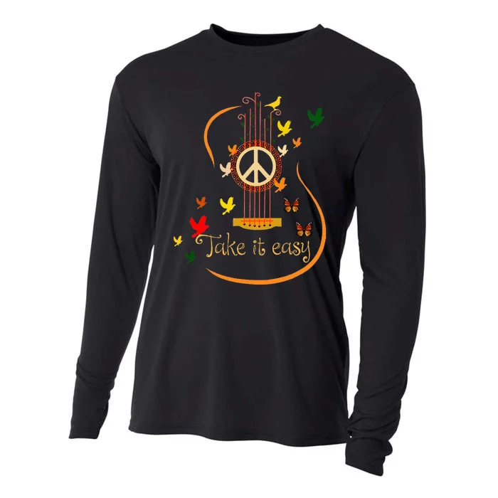 Take It Easy Guitar Peace Sign Hippie Cooling Performance Long Sleeve Crew