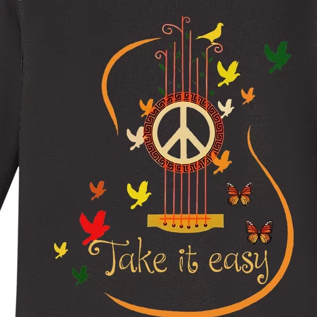 Take It Easy Guitar Peace Sign Hippie Design Baby Long Sleeve Bodysuit