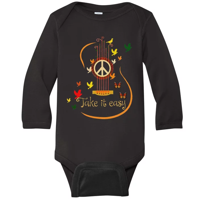 Take It Easy Guitar Peace Sign Hippie Design Baby Long Sleeve Bodysuit