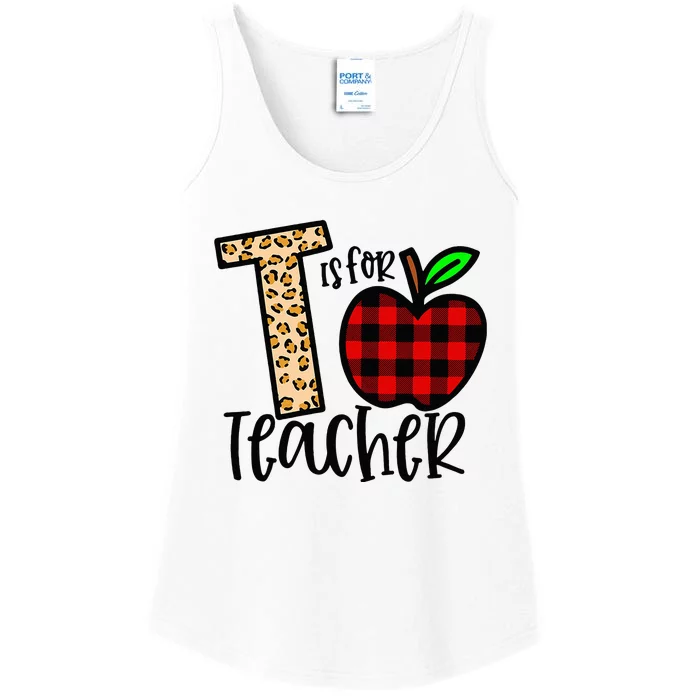 T is for Teacher Leopard Buffalo Plaid Apple Back To School Ladies Essential Tank