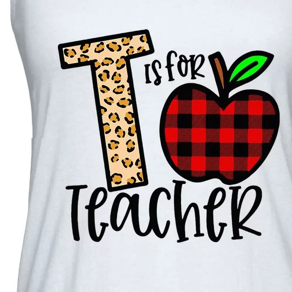 T is for Teacher Leopard Buffalo Plaid Apple Back To School Ladies Essential Flowy Tank