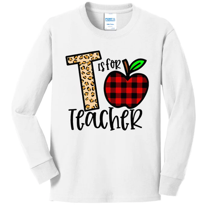 T is for Teacher Leopard Buffalo Plaid Apple Back To School Kids Long Sleeve Shirt