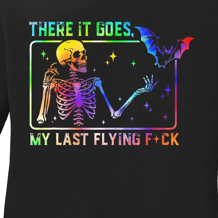 There It Goes My Last Flying Fuck Funny Skeleton Tie Dye Ladies Long Sleeve Shirt