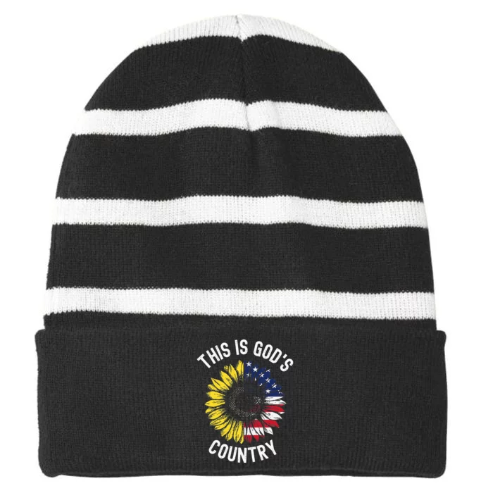 This Is God's USA Country Patriotic Christian Sunflower Flag Striped Beanie with Solid Band