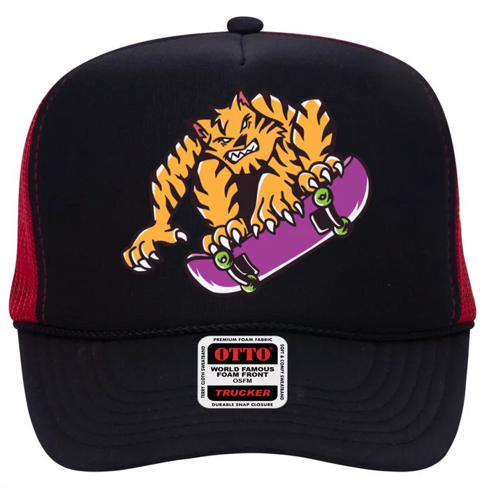 Tiger Skateboarding Cartoon High Crown Mesh Trucker Hat