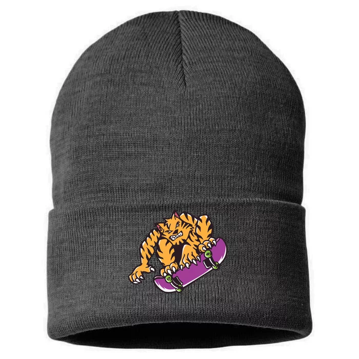 Tiger Skateboarding Cartoon Sustainable Knit Beanie