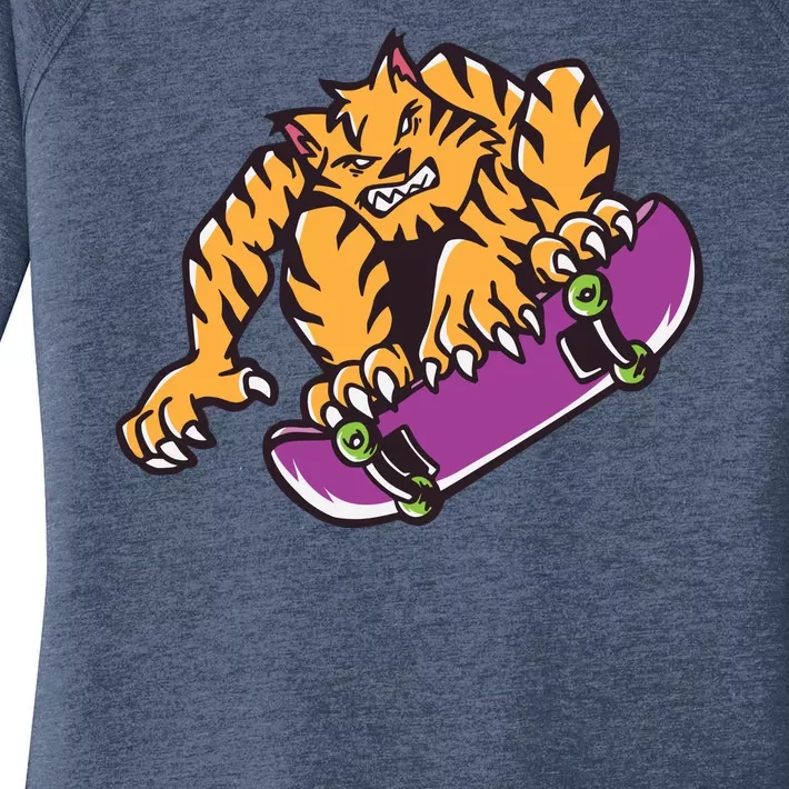 Tiger Skateboarding Cartoon Women's Perfect Tri Tunic Long Sleeve Shirt