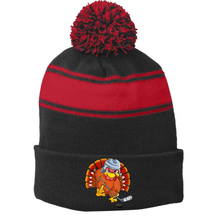 Thanksgiving Ice Hockey Turkey Playing Hockey Thankful Stripe Pom Pom Beanie