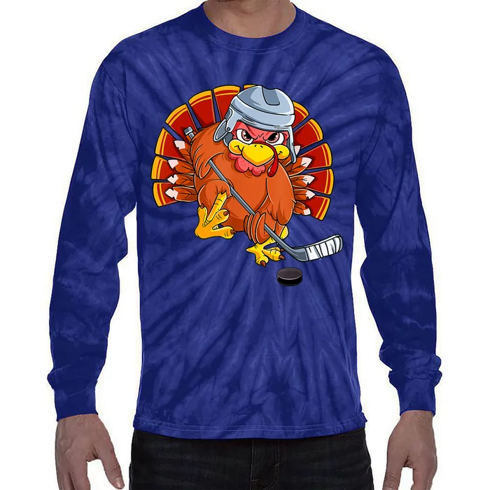 Thanksgiving Ice Hockey Turkey Playing Hockey Thankful Tie-Dye Long Sleeve Shirt