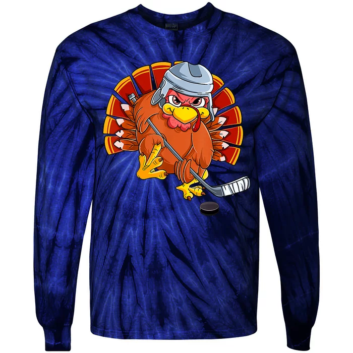 Thanksgiving Ice Hockey Turkey Playing Hockey Thankful Tie-Dye Long Sleeve Shirt