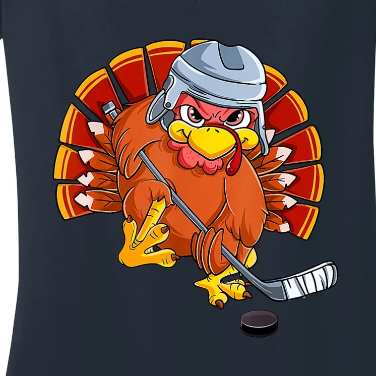 Thanksgiving Ice Hockey Turkey Playing Hockey Thankful Women's V-Neck T-Shirt