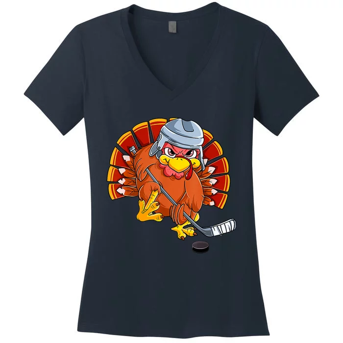 Thanksgiving Ice Hockey Turkey Playing Hockey Thankful Women's V-Neck T-Shirt