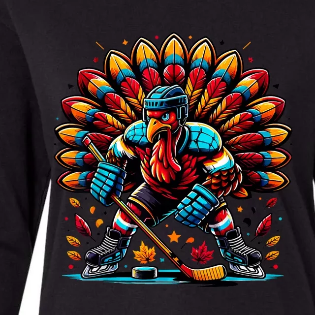 Thanksgiving Ice Hockey Turkey Playing Hockey Thankful Womens Cotton Relaxed Long Sleeve T-Shirt