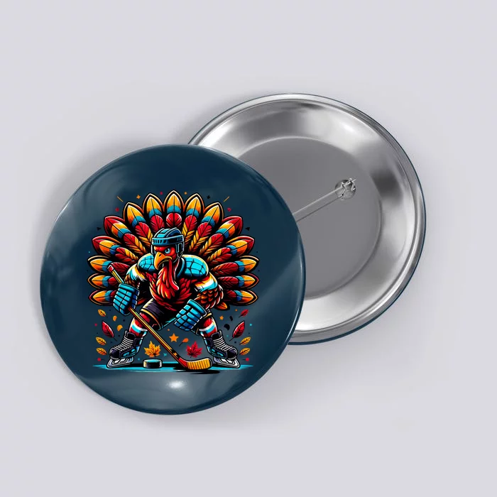 Thanksgiving Ice Hockey Turkey Playing Hockey Thankful Button