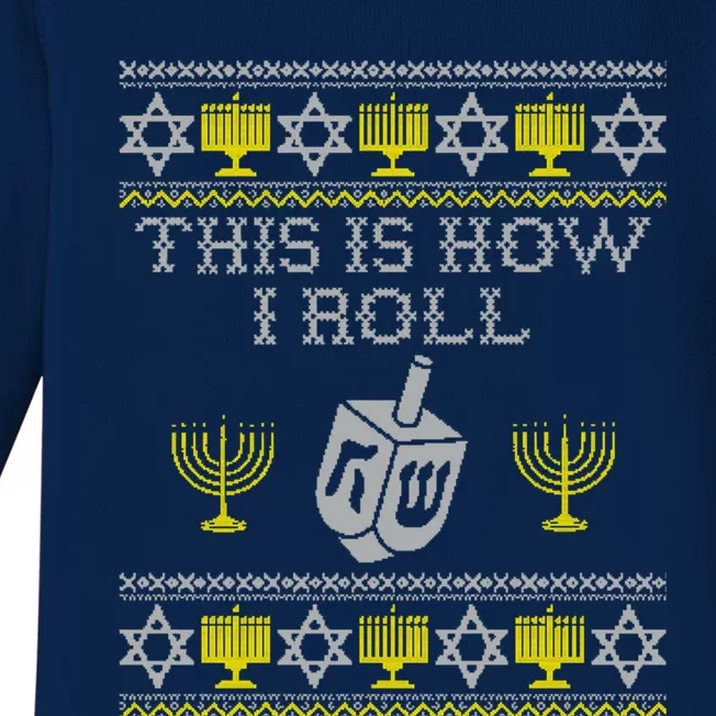 This Is How I Roll Dreidel Ugly Hanukkah Funny Chanukah Baby Long Sleeve Bodysuit